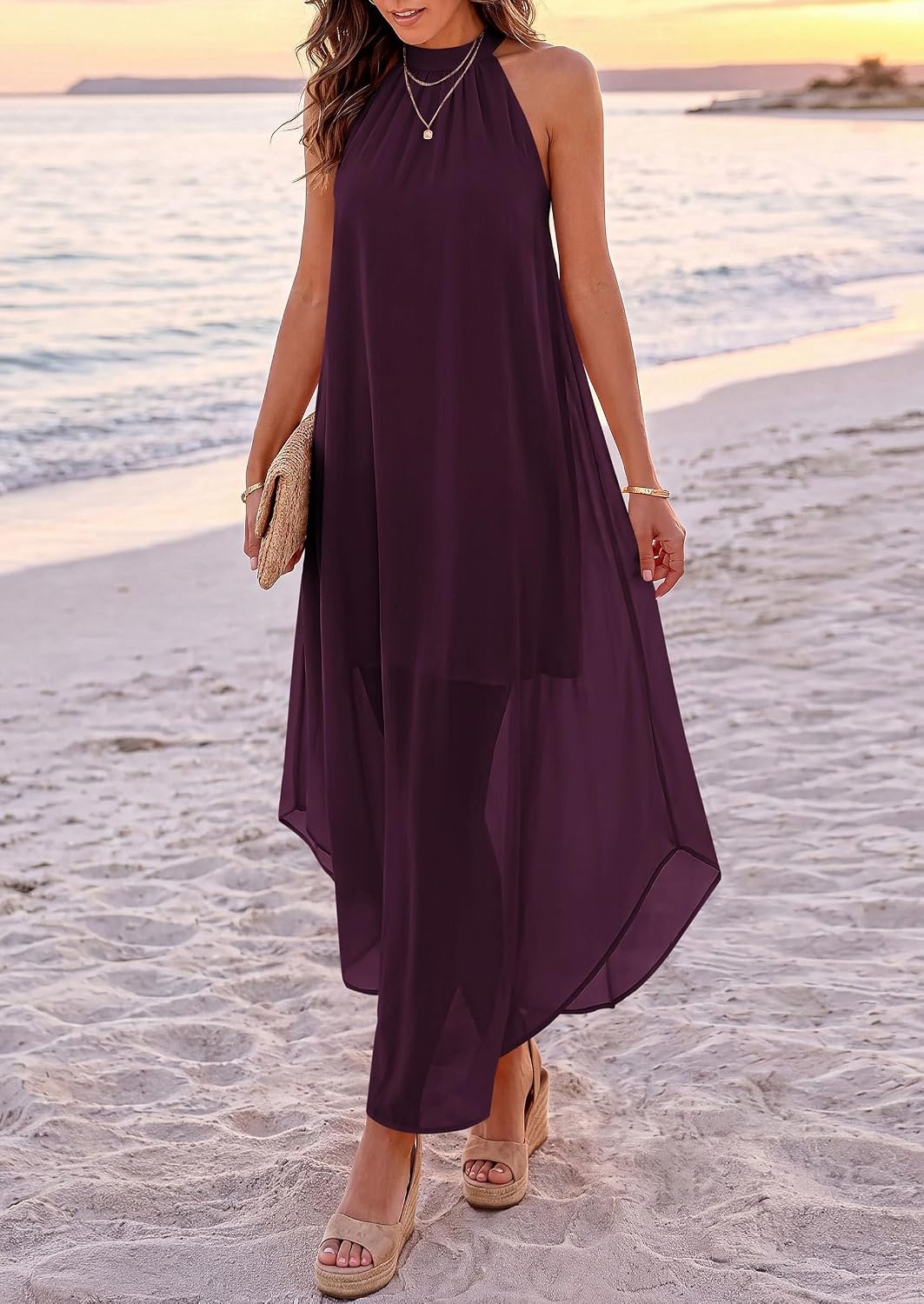 image:imagePRETTYGARDEN Womens Summer Wedding Guest Halter Maxi Dresses Long Flowy Asymmetrical Sundress Elegant Evening Dinner Party Dress Pockets Beach Vacation Outfits Spring Resort WearDark Purple