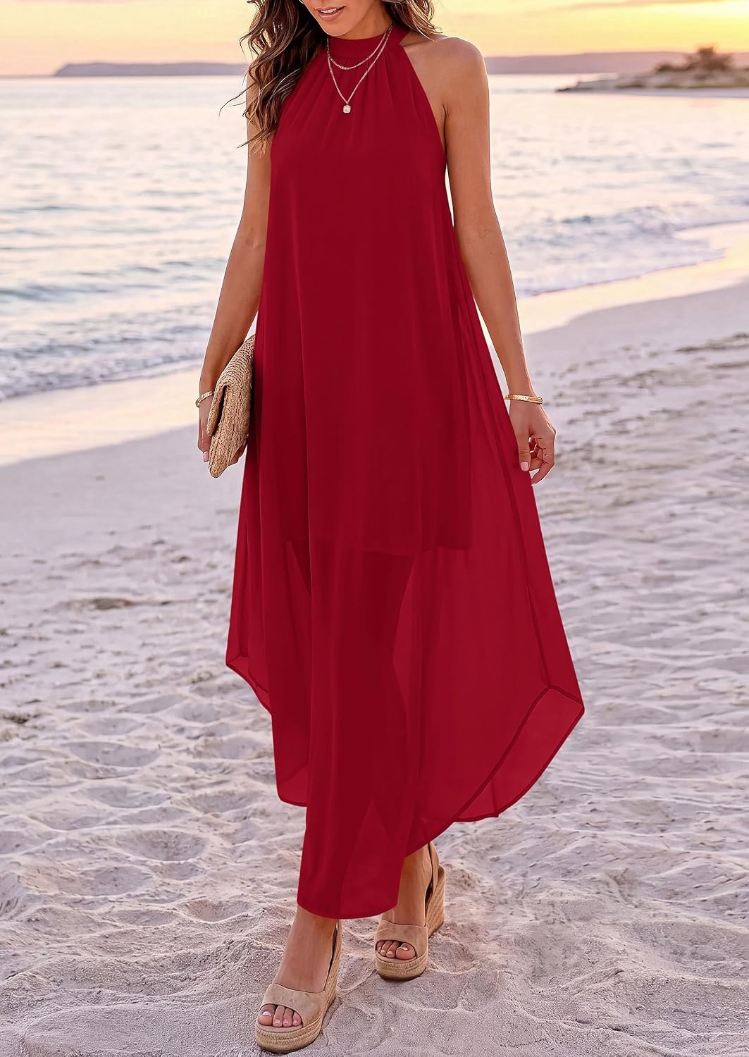 image:imagePRETTYGARDEN Womens Summer Wedding Guest Halter Maxi Dresses Long Flowy Asymmetrical Sundress Elegant Evening Dinner Party Dress Pockets Beach Vacation Outfits Spring Resort WearRed