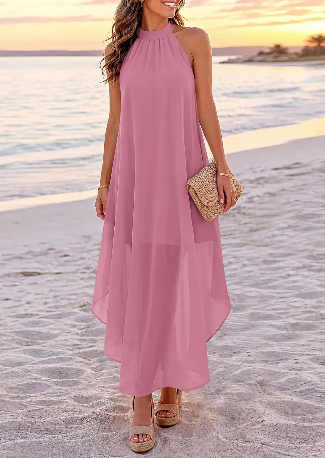 image:imagePRETTYGARDEN Womens Summer Wedding Guest Halter Maxi Dresses Long Flowy Asymmetrical Sundress Elegant Evening Dinner Party Dress Pockets Beach Vacation Outfits Spring Resort WearPink