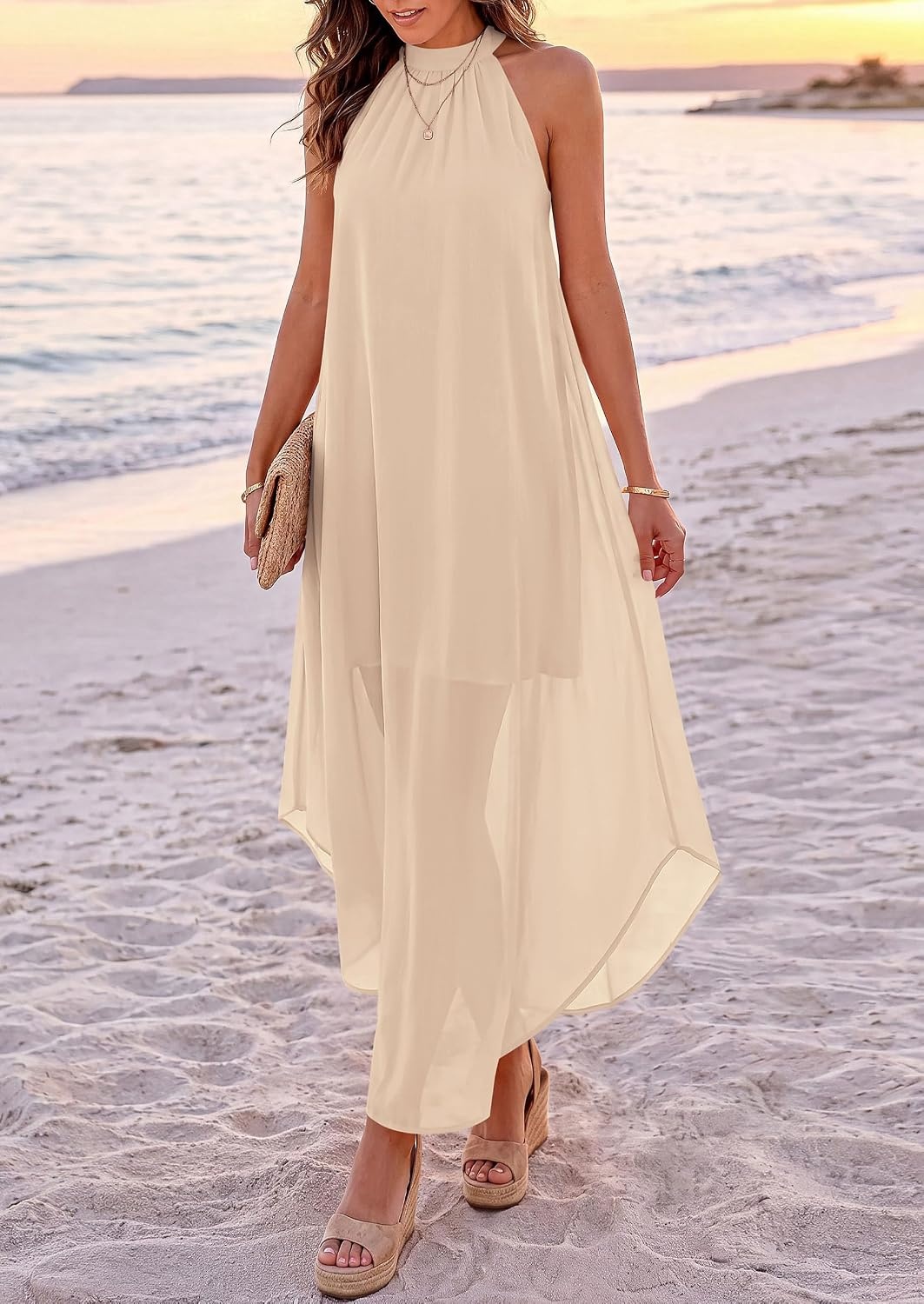image:imagePRETTYGARDEN Womens Summer Wedding Guest Halter Maxi Dresses Long Flowy Asymmetrical Sundress Elegant Evening Dinner Party Dress Pockets Beach Vacation Outfits Spring Resort WearBeige