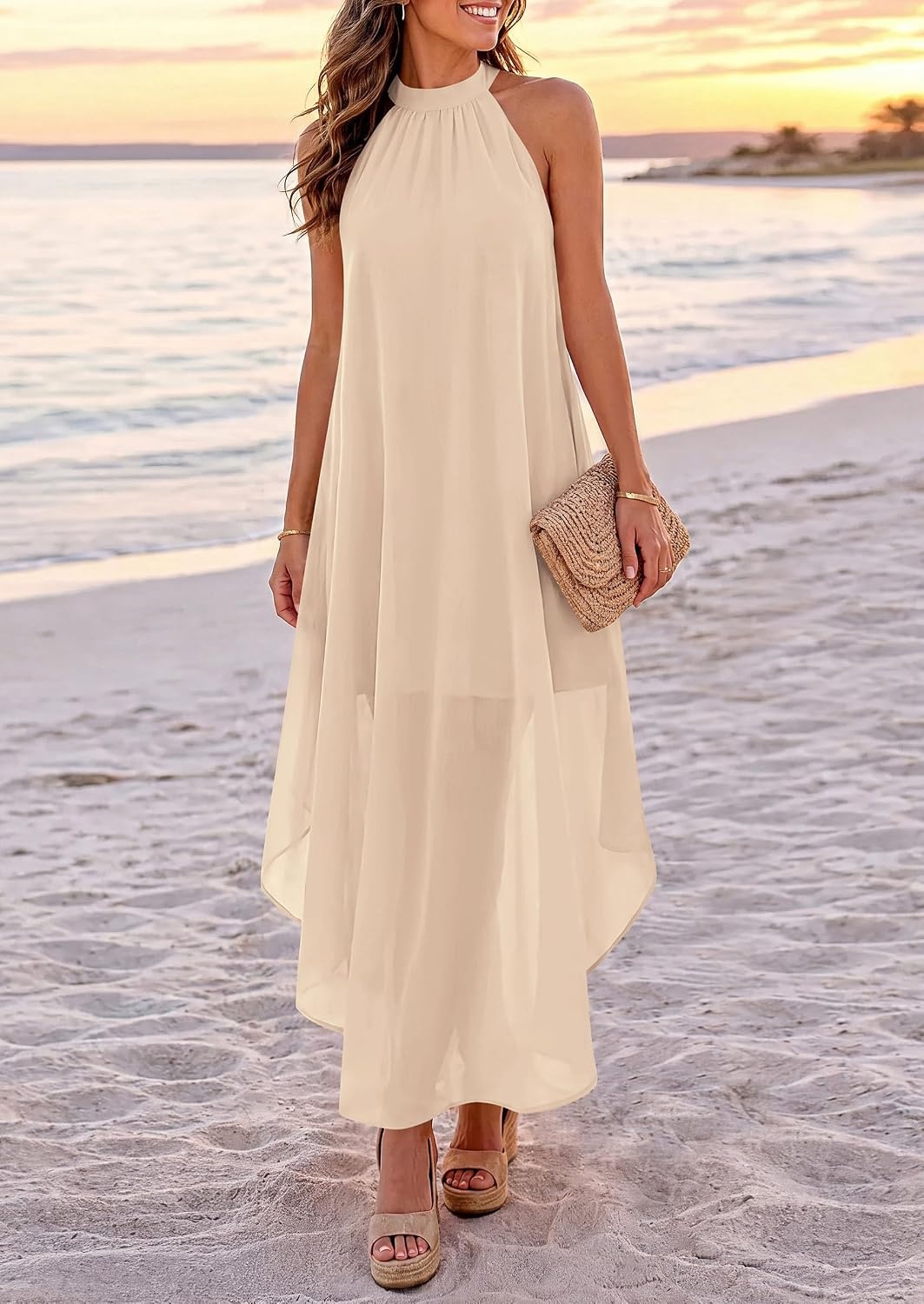 image:imagePRETTYGARDEN Womens Summer Wedding Guest Halter Maxi Dresses Long Flowy Asymmetrical Sundress Elegant Evening Dinner Party Dress Pockets Beach Vacation Outfits Spring Resort WearBeige