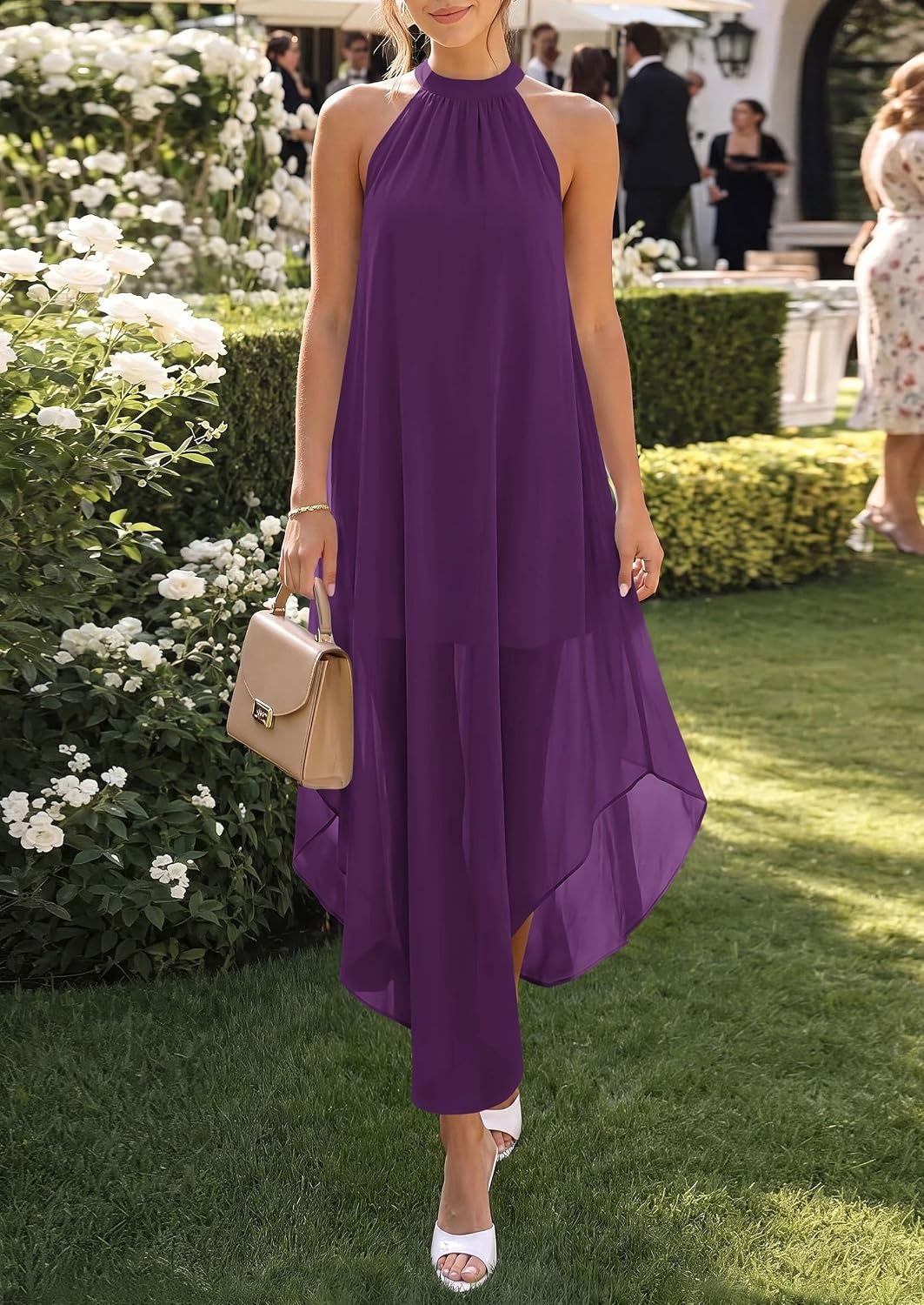 image:imagePRETTYGARDEN Womens Summer Wedding Guest Halter Maxi Dresses Long Flowy Asymmetrical Sundress Elegant Evening Dinner Party Dress Pockets Beach Vacation Outfits Spring Resort WearPurple