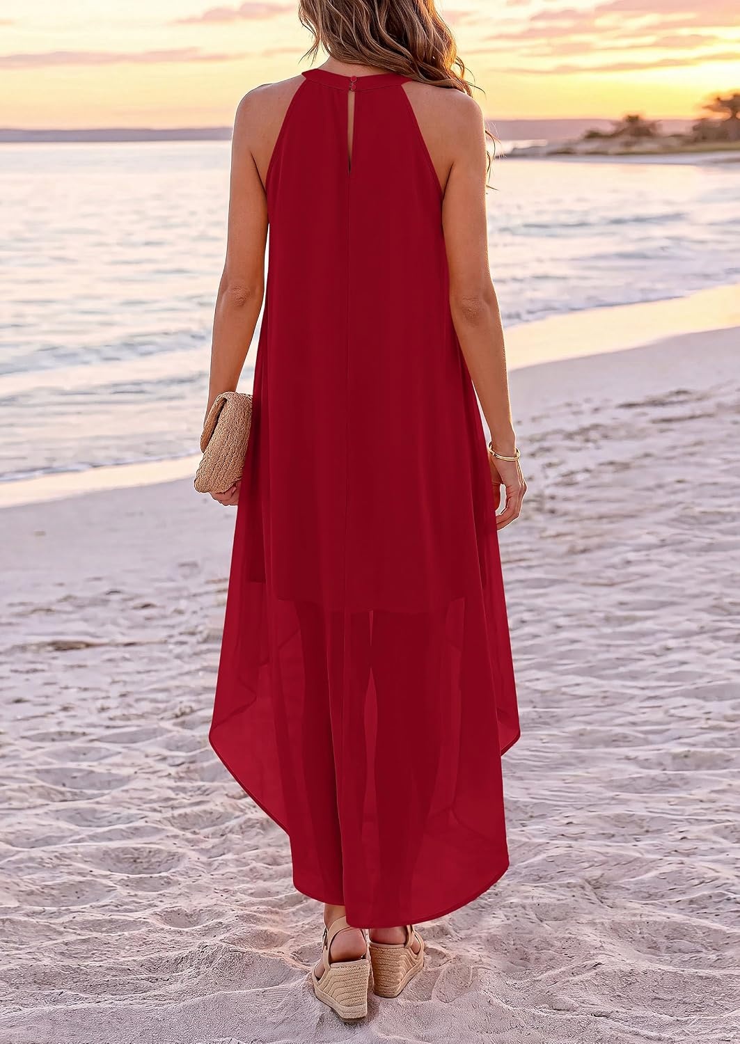 image:imagePRETTYGARDEN Womens Summer Wedding Guest Halter Maxi Dresses Long Flowy Asymmetrical Sundress Elegant Evening Dinner Party Dress Pockets Beach Vacation Outfits Spring Resort WearRed