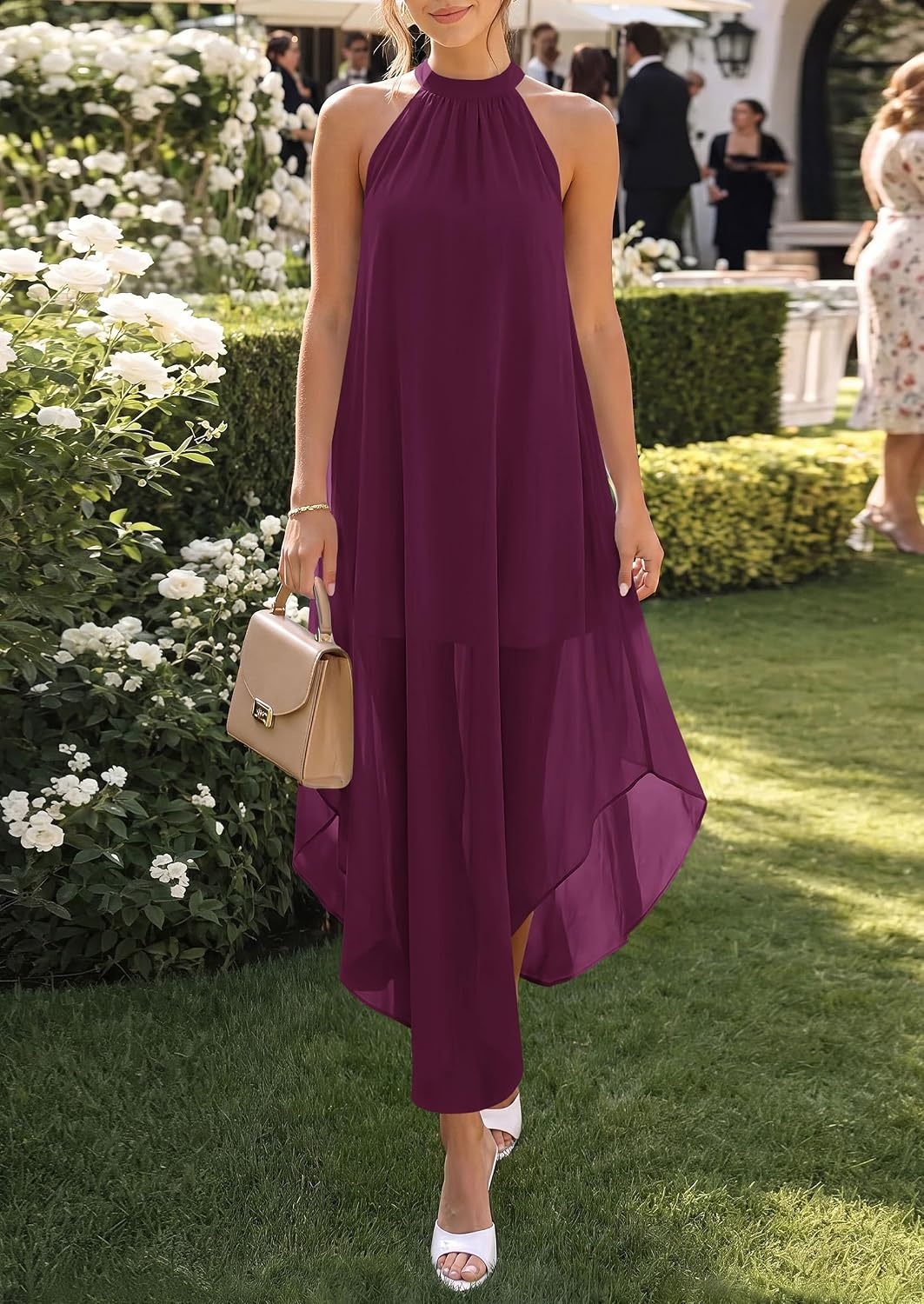image:imagePRETTYGARDEN Womens Summer Wedding Guest Halter Maxi Dresses Long Flowy Asymmetrical Sundress Elegant Evening Dinner Party Dress Pockets Beach Vacation Outfits Spring Resort WearBurgundy
