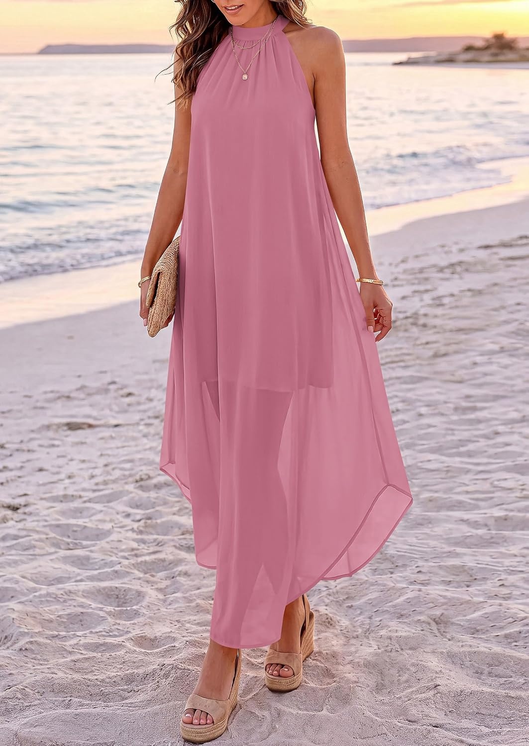 image:imagePRETTYGARDEN Womens Summer Wedding Guest Halter Maxi Dresses Long Flowy Asymmetrical Sundress Elegant Evening Dinner Party Dress Pockets Beach Vacation Outfits Spring Resort WearPink