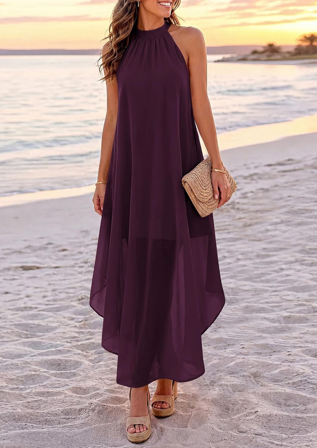 image:imagePRETTYGARDEN Womens Summer Wedding Guest Halter Maxi Dresses Long Flowy Asymmetrical Sundress Elegant Evening Dinner Party Dress Pockets Beach Vacation Outfits Spring Resort WearDark Purple