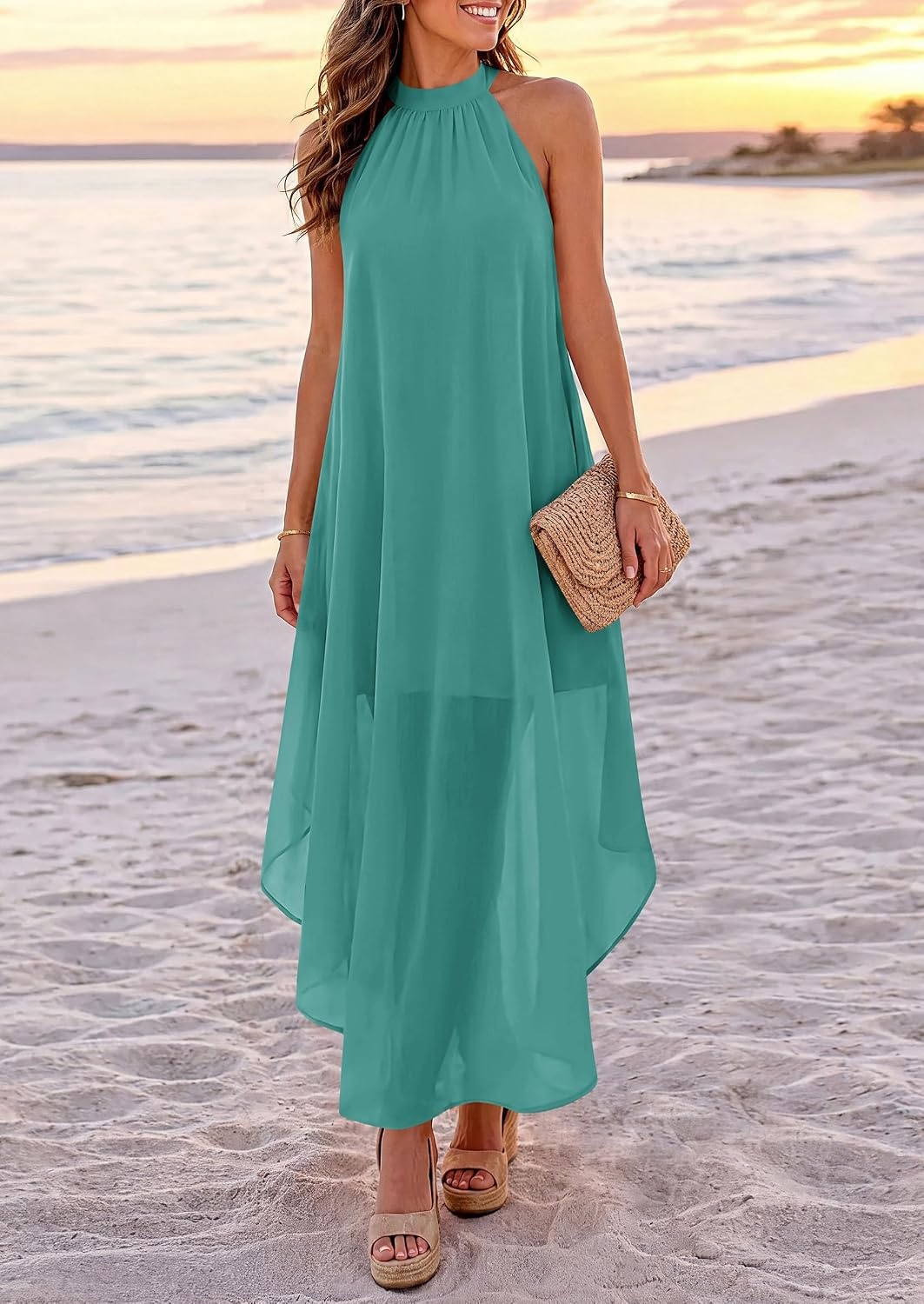 image:imagePRETTYGARDEN Womens Summer Wedding Guest Halter Maxi Dresses Long Flowy Asymmetrical Sundress Elegant Evening Dinner Party Dress Pockets Beach Vacation Outfits Spring Resort WearCyan Blue