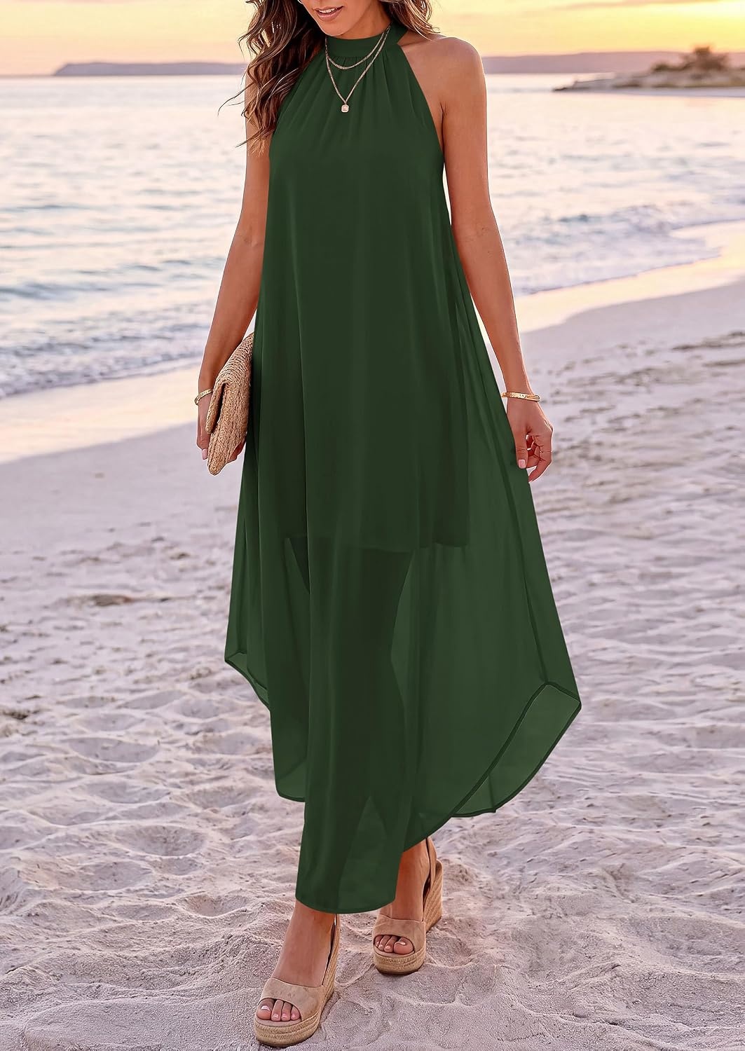 image:imagePRETTYGARDEN Womens Summer Wedding Guest Halter Maxi Dresses Long Flowy Asymmetrical Sundress Elegant Evening Dinner Party Dress Pockets Beach Vacation Outfits Spring Resort WearArmy Green