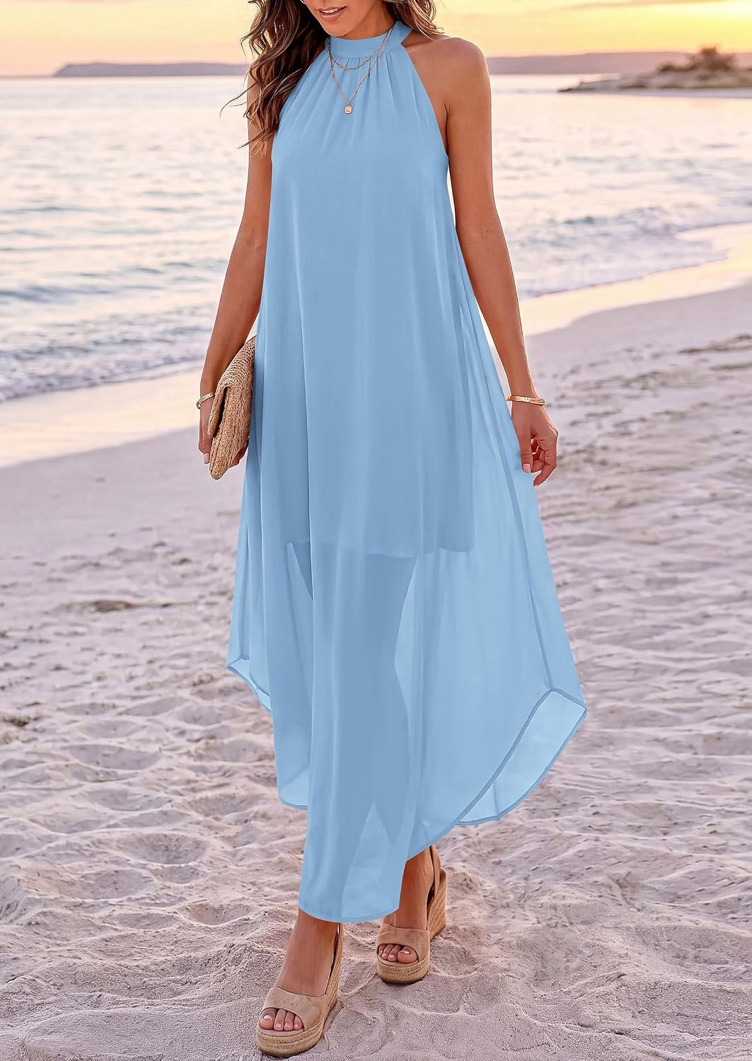 image:imagePRETTYGARDEN Womens Summer Wedding Guest Halter Maxi Dresses Long Flowy Asymmetrical Sundress Elegant Evening Dinner Party Dress Pockets Beach Vacation Outfits Spring Resort WearLight Blue