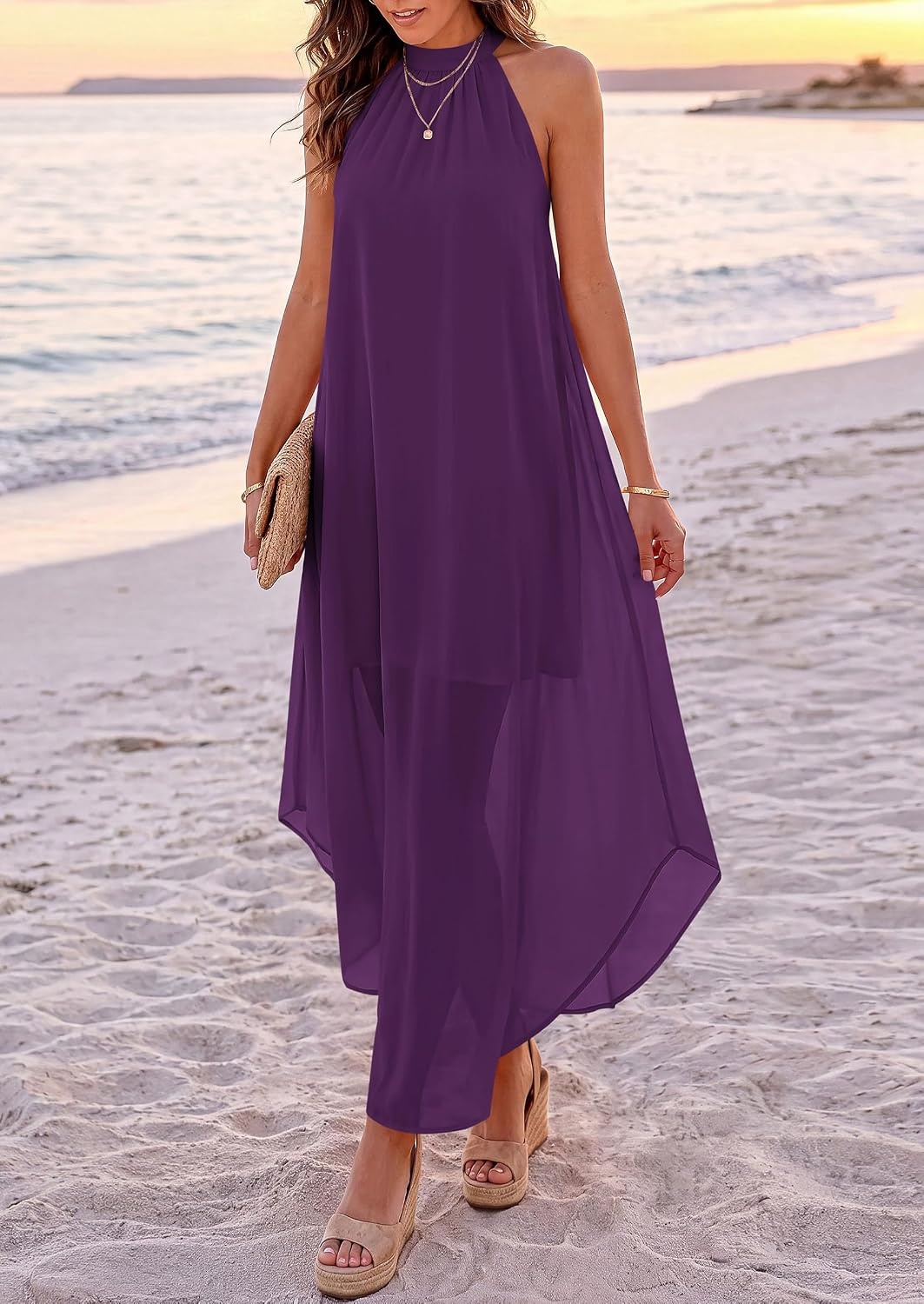 image:imagePRETTYGARDEN Womens Summer Wedding Guest Halter Maxi Dresses Long Flowy Asymmetrical Sundress Elegant Evening Dinner Party Dress Pockets Beach Vacation Outfits Spring Resort WearPurple