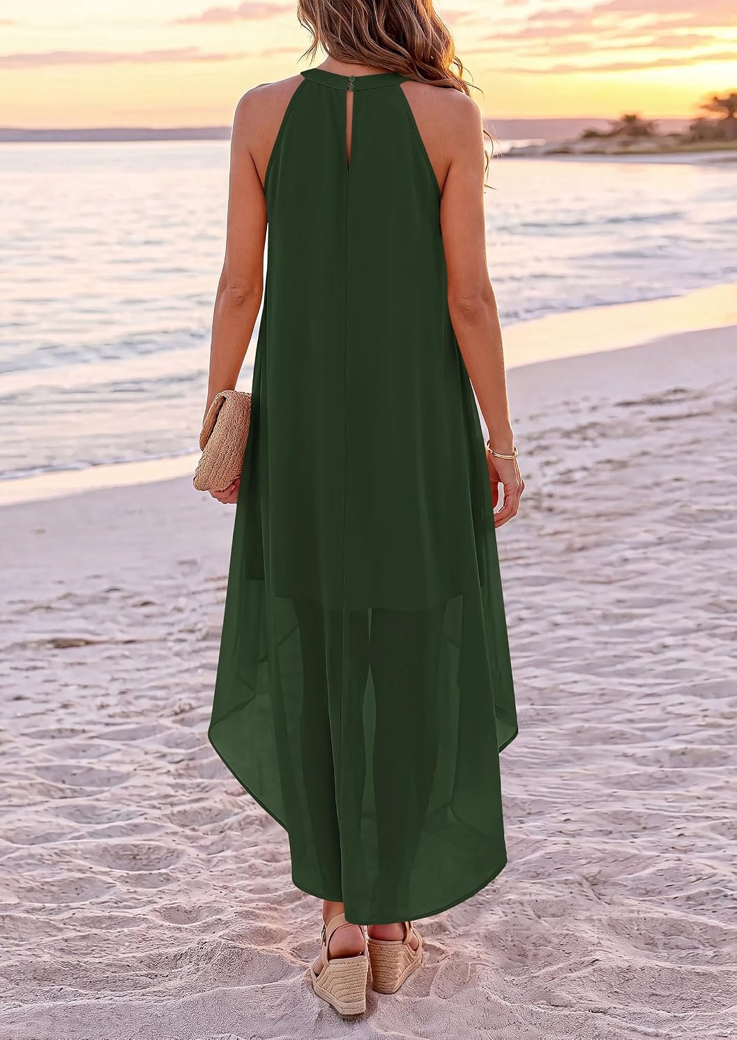 image:imagePRETTYGARDEN Womens Summer Wedding Guest Halter Maxi Dresses Long Flowy Asymmetrical Sundress Elegant Evening Dinner Party Dress Pockets Beach Vacation Outfits Spring Resort WearArmy Green