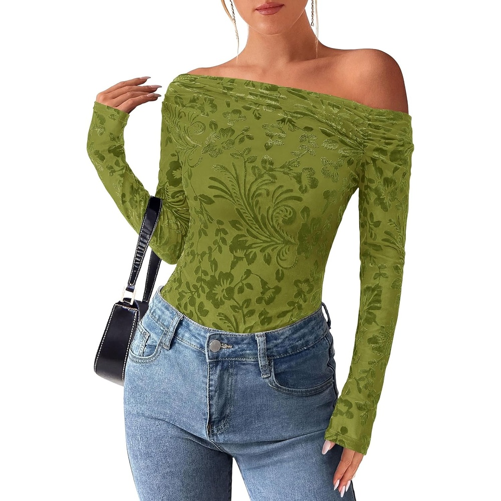 image:imagePRETTYGARDEN Women Trendy Off the Shoulder Floral Tops Lightweight Stretchy Mesh Blouse Flocked Print Long Sleeve Slim Fit Shirts Fall Spring Outfits for Date Night Going OutLight Green