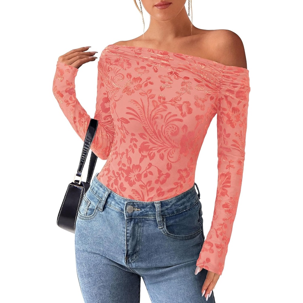 image:imagePRETTYGARDEN Women Trendy Off the Shoulder Floral Tops Lightweight Stretchy Mesh Blouse Flocked Print Long Sleeve Slim Fit Shirts Fall Spring Outfits for Date Night Going OutPink