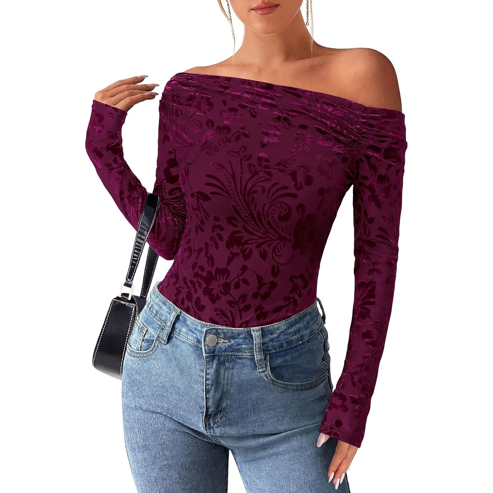 image:imagePRETTYGARDEN Women Trendy Off the Shoulder Floral Tops Lightweight Stretchy Mesh Blouse Flocked Print Long Sleeve Slim Fit Shirts Fall Spring Outfits for Date Night Going OutBurgundy