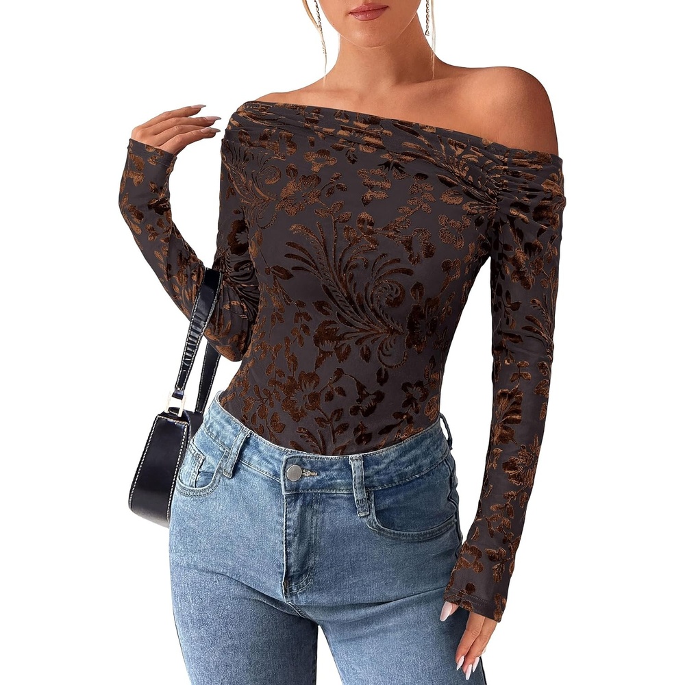image:imagePRETTYGARDEN Women Trendy Off the Shoulder Floral Tops Lightweight Stretchy Mesh Blouse Flocked Print Long Sleeve Slim Fit Shirts Fall Spring Outfits for Date Night Going OutBrown