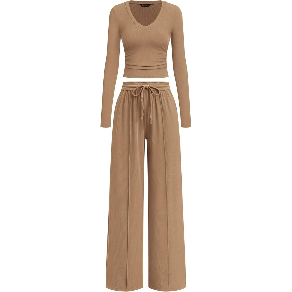 image:imagePRETTYGARDEN Womens 2 Piece Lounge Sets Matching Clothing V Neck Long Sleeve Tops Wide Leg Pants Pockets Airport Travel Outfits Soft Ribbed Knit Drawstring Waist Fall Resort WearCamel