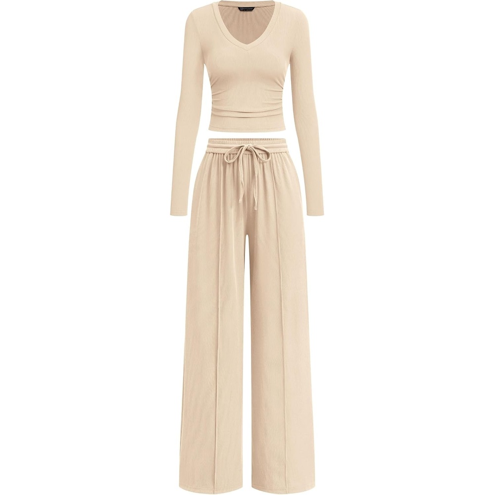 image:imagePRETTYGARDEN Womens 2 Piece Lounge Sets Matching Clothing V Neck Long Sleeve Tops Wide Leg Pants Pockets Airport Travel Outfits Soft Ribbed Knit Drawstring Waist Fall Resort WearBeige