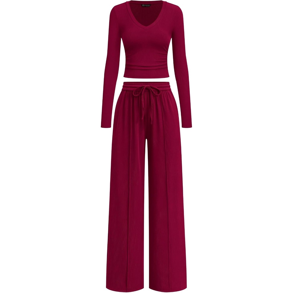 image:imagePRETTYGARDEN Womens 2 Piece Lounge Sets Matching Clothing V Neck Long Sleeve Tops Wide Leg Pants Pockets Airport Travel Outfits Soft Ribbed Knit Drawstring Waist Fall Resort WearBurgundy