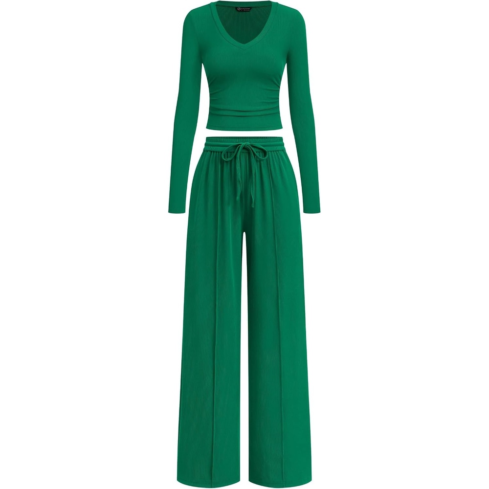 image:imagePRETTYGARDEN Womens 2 Piece Lounge Sets Matching Clothing V Neck Long Sleeve Tops Wide Leg Pants Pockets Airport Travel Outfits Soft Ribbed Knit Drawstring Waist Fall Resort WearGreen