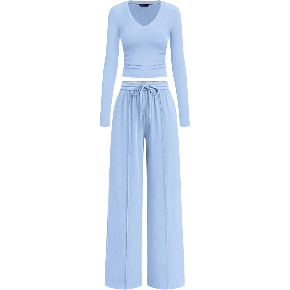 image:imagePRETTYGARDEN Womens 2 Piece Lounge Sets Matching Clothing V Neck Long Sleeve Tops Wide Leg Pants Pockets Airport Travel Outfits Soft Ribbed Knit Drawstring Waist Fall Resort WearLight Blue
