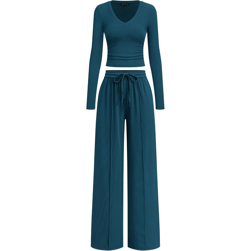 image:imagePRETTYGARDEN Womens 2 Piece Lounge Sets Matching Clothing V Neck Long Sleeve Tops Wide Leg Pants Pockets Airport Travel Outfits Soft Ribbed Knit Drawstring Waist Fall Resort WearLake Blue