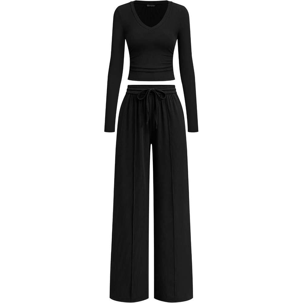 image:imagePRETTYGARDEN Womens 2 Piece Lounge Sets Matching Clothing V Neck Long Sleeve Tops Wide Leg Pants Pockets Airport Travel Outfits Soft Ribbed Knit Drawstring Waist Fall Resort WearBlack