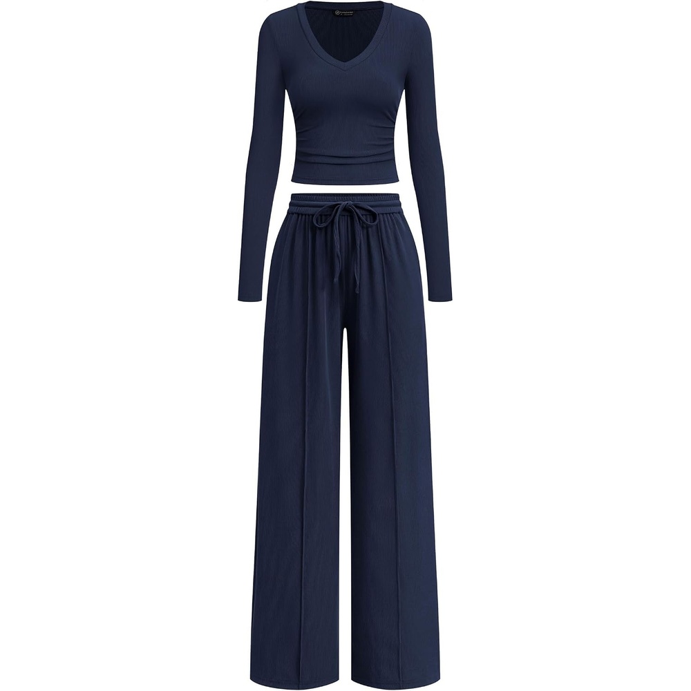 image:imagePRETTYGARDEN Womens 2 Piece Lounge Sets Matching Clothing V Neck Long Sleeve Tops Wide Leg Pants Pockets Airport Travel Outfits Soft Ribbed Knit Drawstring Waist Fall Resort WearNavy Blue
