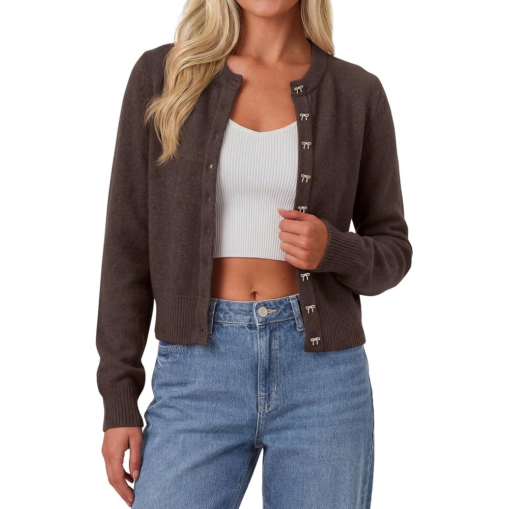 image:imagePRETTYGARDEN Womens Cropped Button Up Knit Cardigan Sweater Cute Crewneck Long Sleeve Lightweight Tops 2026 Fall Trendy Slim Fit Soft Cozy Casual Cardigans Holiday Party SweatersBrown