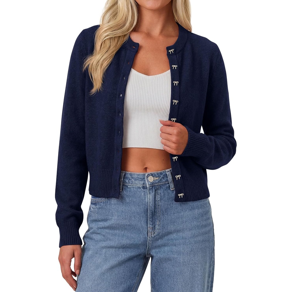 image:imagePRETTYGARDEN Womens Cropped Button Up Knit Cardigan Sweater Cute Crewneck Long Sleeve Lightweight Tops 2026 Fall Trendy Slim Fit Soft Cozy Casual Cardigans Holiday Party SweatersNavy Blue