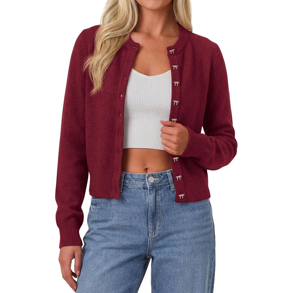 image:imagePRETTYGARDEN Womens Cropped Button Up Knit Cardigan Sweater Cute Crewneck Long Sleeve Lightweight Tops 2026 Fall Trendy Slim Fit Soft Cozy Casual Cardigans Holiday Party SweatersBurgundy