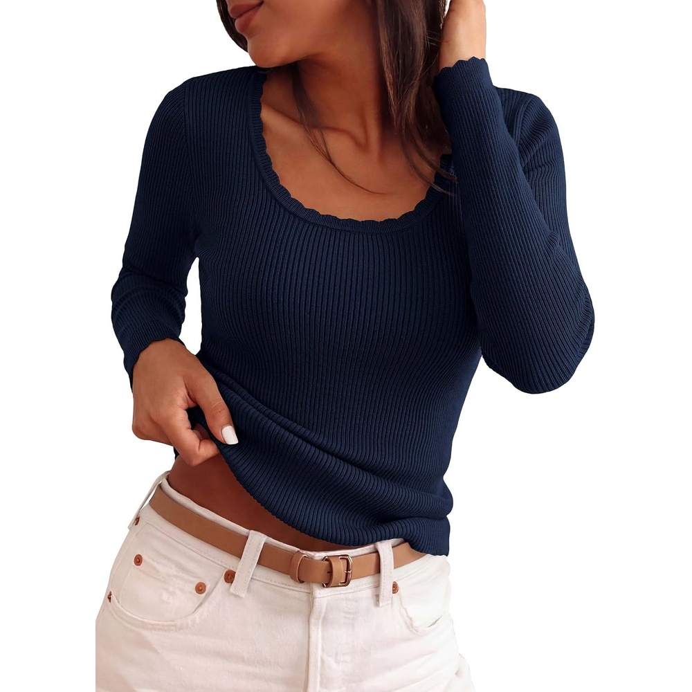 image:imagePRETTYGARDEN Womens Fall Lightweight Ribbed Knit Sweaters Stretchy Cozy KnitwearScalloped Scoop NeckLong Sleeve ShirtsSlim Fitted PulloverBasic Layering TopsCute Casual OutfitsNavy Blue