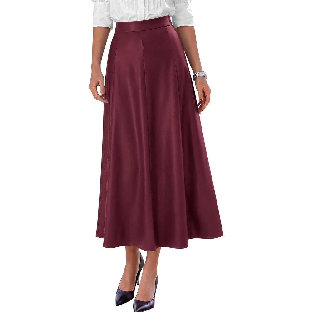 image:imagePRETTYGARDEN Womens Faux Leather High Waisted Midi Skirt Flowy A Line Pleated Skirts Elegant Swing Flared Work Business Casual Outfits Fall Winter Fashion ClothesWine Red