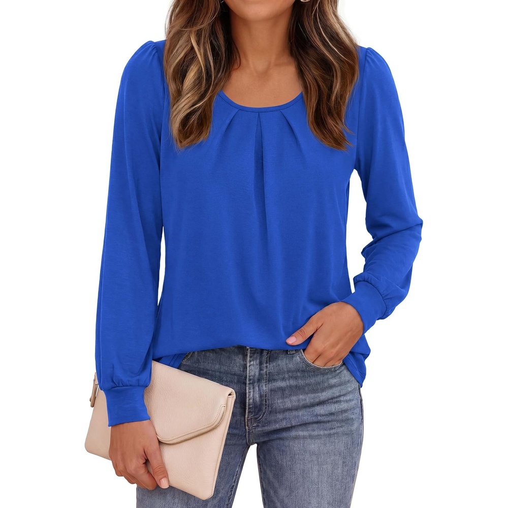 image:imagePRETTYGARDEN Womens Long Puff Sleeve Tops Crew Neck Blouse Pleated Front Loose Fit Soft Business Casual Work Shirts Dressy Daily Wear School Travel Outfits Fall Winter ClothingRoyal Blue
