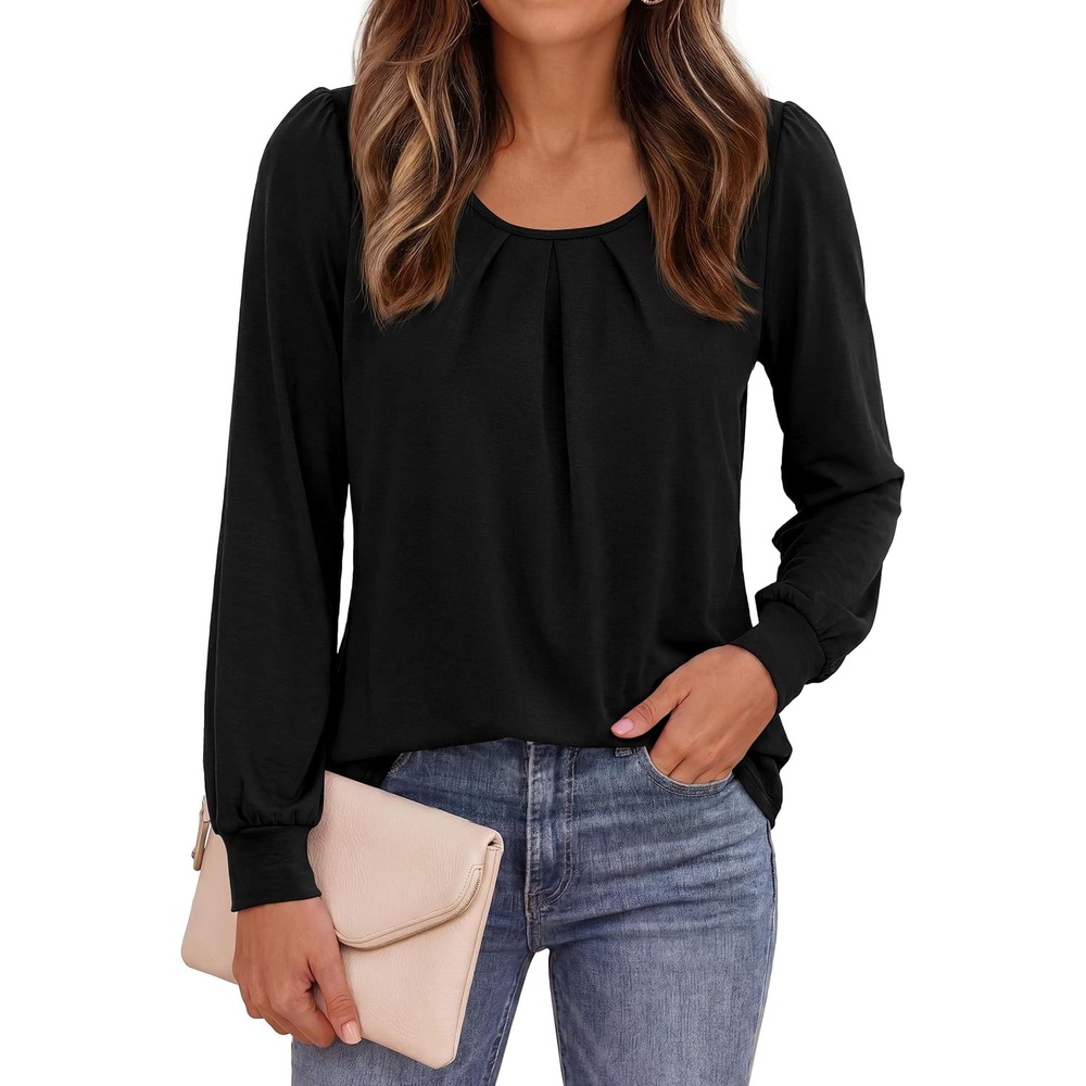 image:imagePRETTYGARDEN Womens Long Puff Sleeve Tops Crew Neck Blouse Pleated Front Loose Fit Soft Business Casual Work Shirts Dressy Daily Wear School Travel Outfits Fall Winter ClothingBlack
