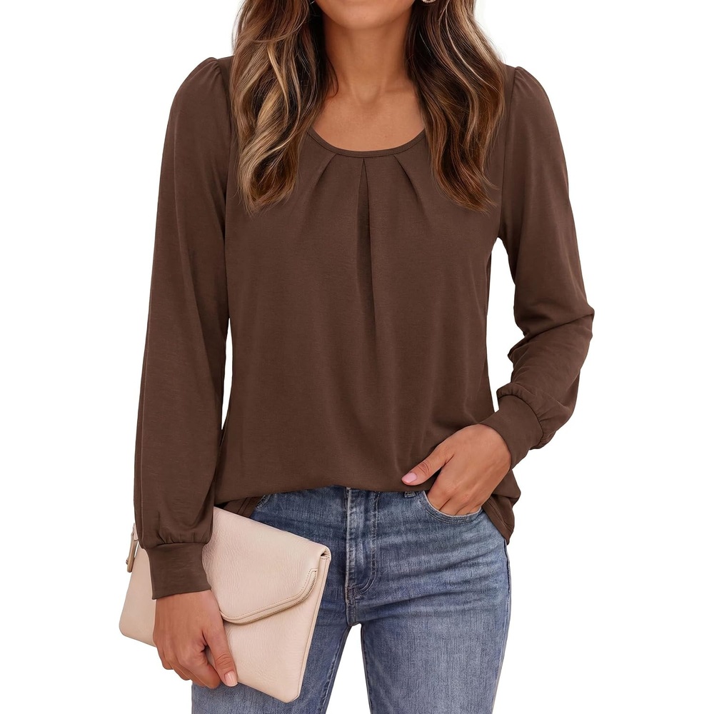 image:imagePRETTYGARDEN Womens Long Puff Sleeve Tops Crew Neck Blouse Pleated Front Loose Fit Soft Business Casual Work Shirts Dressy Daily Wear School Travel Outfits Fall Winter ClothingBrown