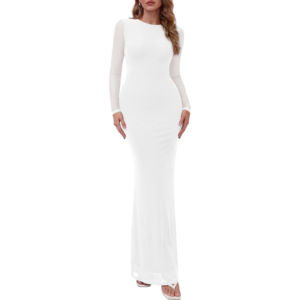 image:imagePRETTYGARDEN Womens Mesh Long Sleeve Bodycon Maxi Dress Fall Wedding Guest Dresses Boat Neck Slim Fitted Elegant Evening Wear Formal Cocktail Holiday Party Date Night OutfitsWhite