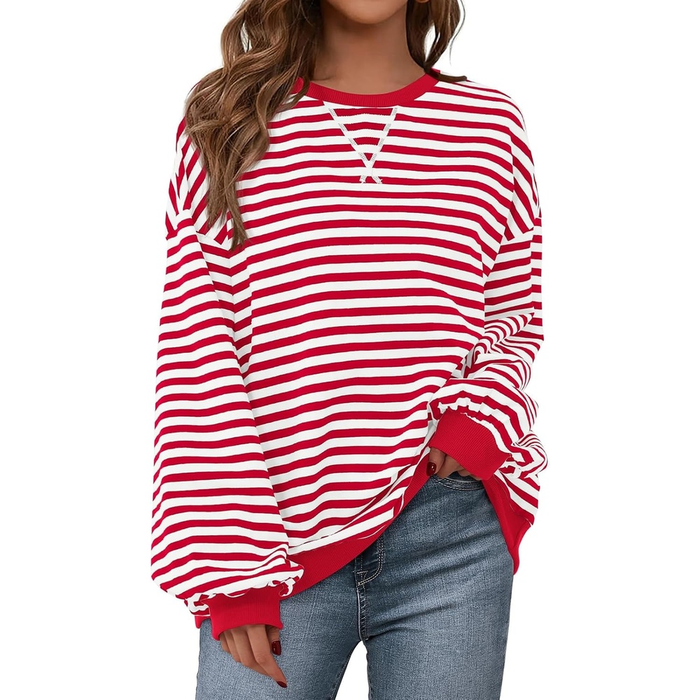 image:imagePRETTYGARDEN Womens Striped Oversized Sweatshirt Lightweight Fall Clothes  Stitching Crew Neck Sweatshirts Women Long Sleeve Casual Loose Pullover Top Color Block Y2K Outfits Fashion ClothingRed White