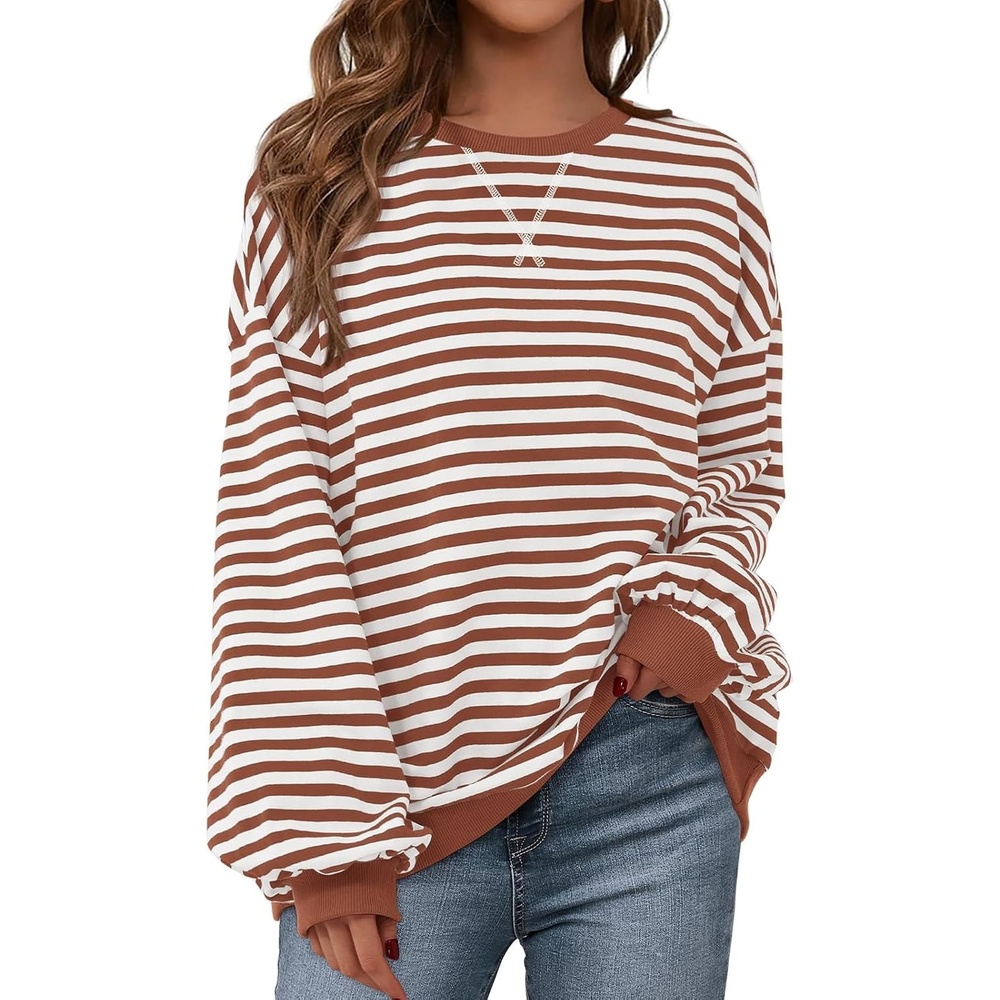image:imagePRETTYGARDEN Womens Striped Oversized Sweatshirt Lightweight Fall Clothes Stitching Crew Neck Sweatshirts Women Long Sleeve Casual Loose Pullover Top Color Block Y2K Outfits Fashion ClothingBrick Red White