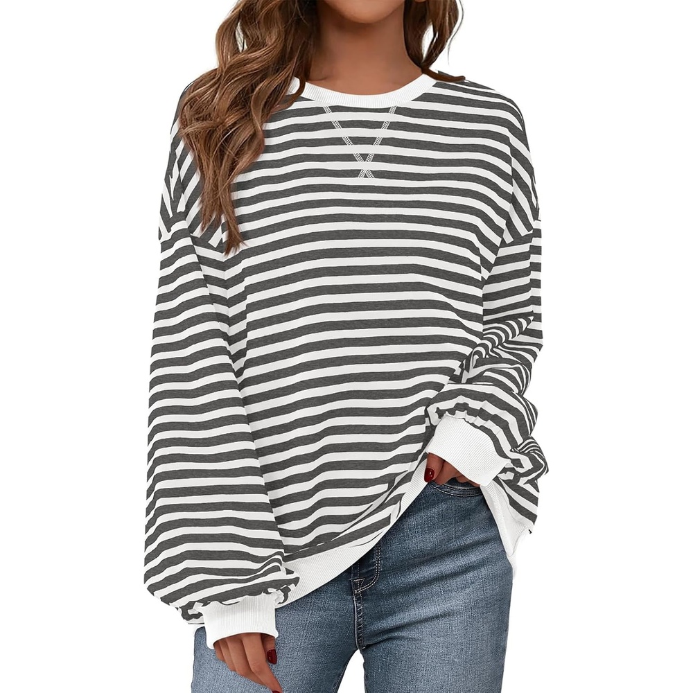 image:imagePRETTYGARDEN Womens Striped Oversized Sweatshirt Lightweight Fall Clothes Stitching Crew Neck Sweatshirts Women Long Sleeve Casual Loose Pullover Top Color Block Y2K Outfits Fashion ClothingWhite Grey
