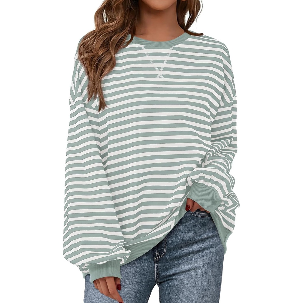 image:imagePRETTYGARDEN Womens Striped Oversized Sweatshirt Lightweight Fall Clothes  Stitching Crew Neck Sweatshirts Women Long Sleeve Casual Loose Pullover Top Color Block Y2K Outfits Fashion ClothingLight Green White