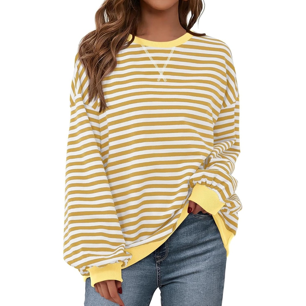 image:imagePRETTYGARDEN Womens Striped Oversized Sweatshirt Lightweight Fall Clothes Stitching Crew Neck Sweatshirts Women Long Sleeve Casual Loose Pullover Top Color Block Y2K Outfits Fashion ClothingYellow White
