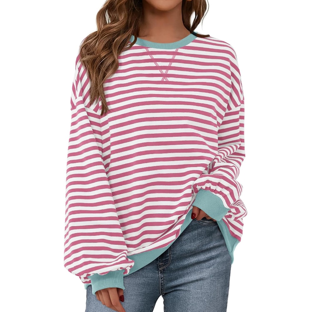 image:imagePRETTYGARDEN Womens Striped Oversized Sweatshirt Lightweight Fall Clothes Stitching Crew Neck Sweatshirts Women Long Sleeve Casual Loose Pullover Top Color Block Y2K Outfits Fashion ClothingPink White