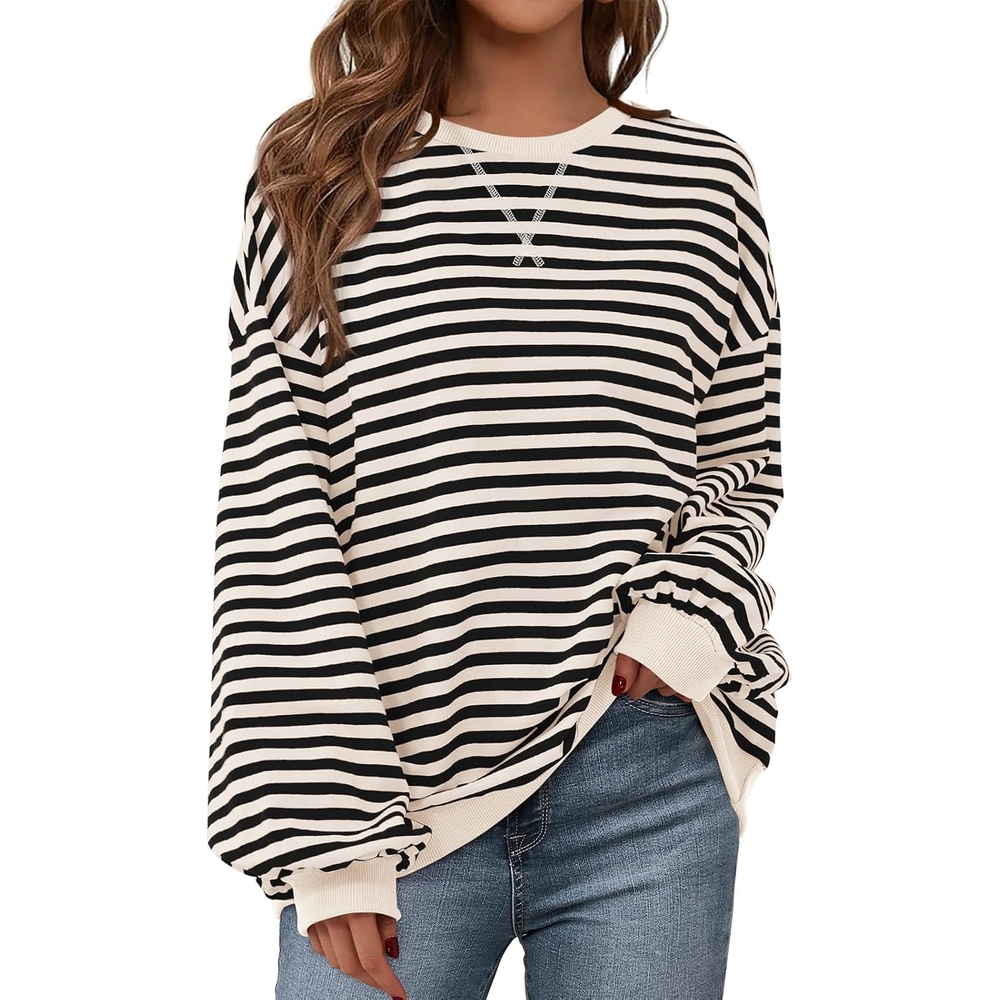 image:imagePRETTYGARDEN Womens Striped Oversized Sweatshirt Lightweight Fall Clothes Stitching Crew Neck Sweatshirts Women Long Sleeve Casual Loose Pullover Top Color Block Y2K Outfits Fashion ClothingBeige Black