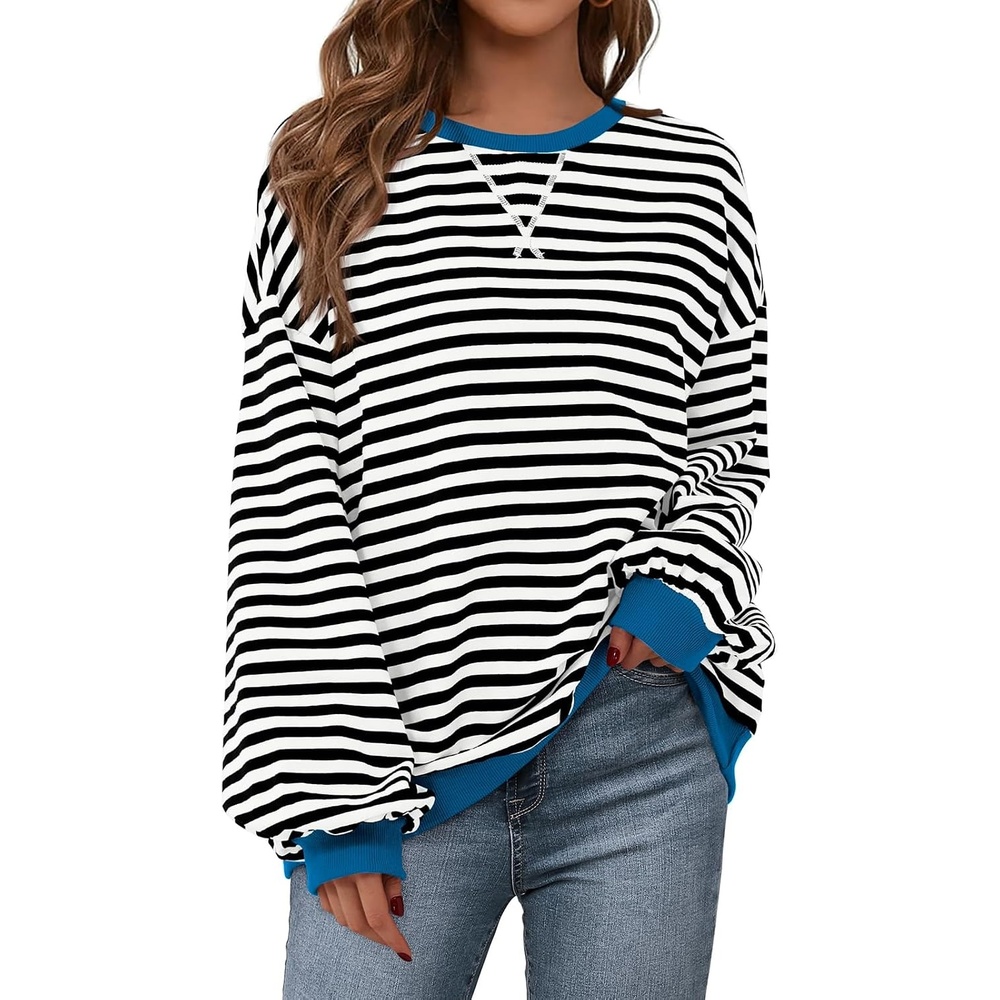 image:imagePRETTYGARDEN Womens Striped Oversized Sweatshirt Lightweight Fall Clothes  Stitching Crew Neck Sweatshirts Women Long Sleeve Casual Loose Pullover Top Color Block Y2K Outfits Fashion ClothingBlack White