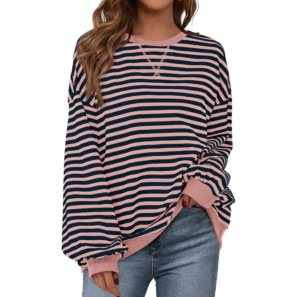 image:imagePRETTYGARDEN Womens Striped Oversized Sweatshirt Lightweight Fall Clothes Stitching Crew Neck Sweatshirts Women Long Sleeve Casual Loose Pullover Top Color Block Y2K Outfits Fashion ClothingPink Navy