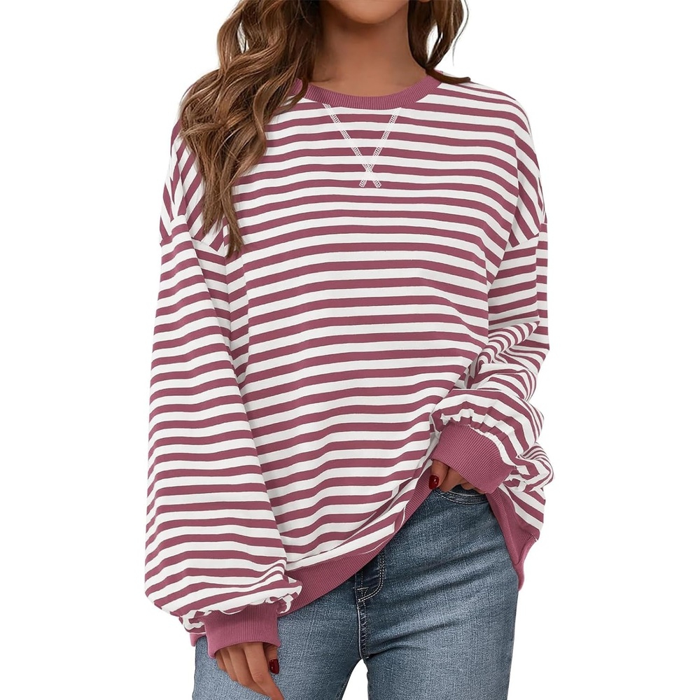 image:imagePRETTYGARDEN Womens Striped Oversized Sweatshirt Lightweight Fall Clothes Stitching Crew Neck Sweatshirts Women Long Sleeve Casual Loose Pullover Top Color Block Y2K Outfits Fashion ClothingBean Paste Red White