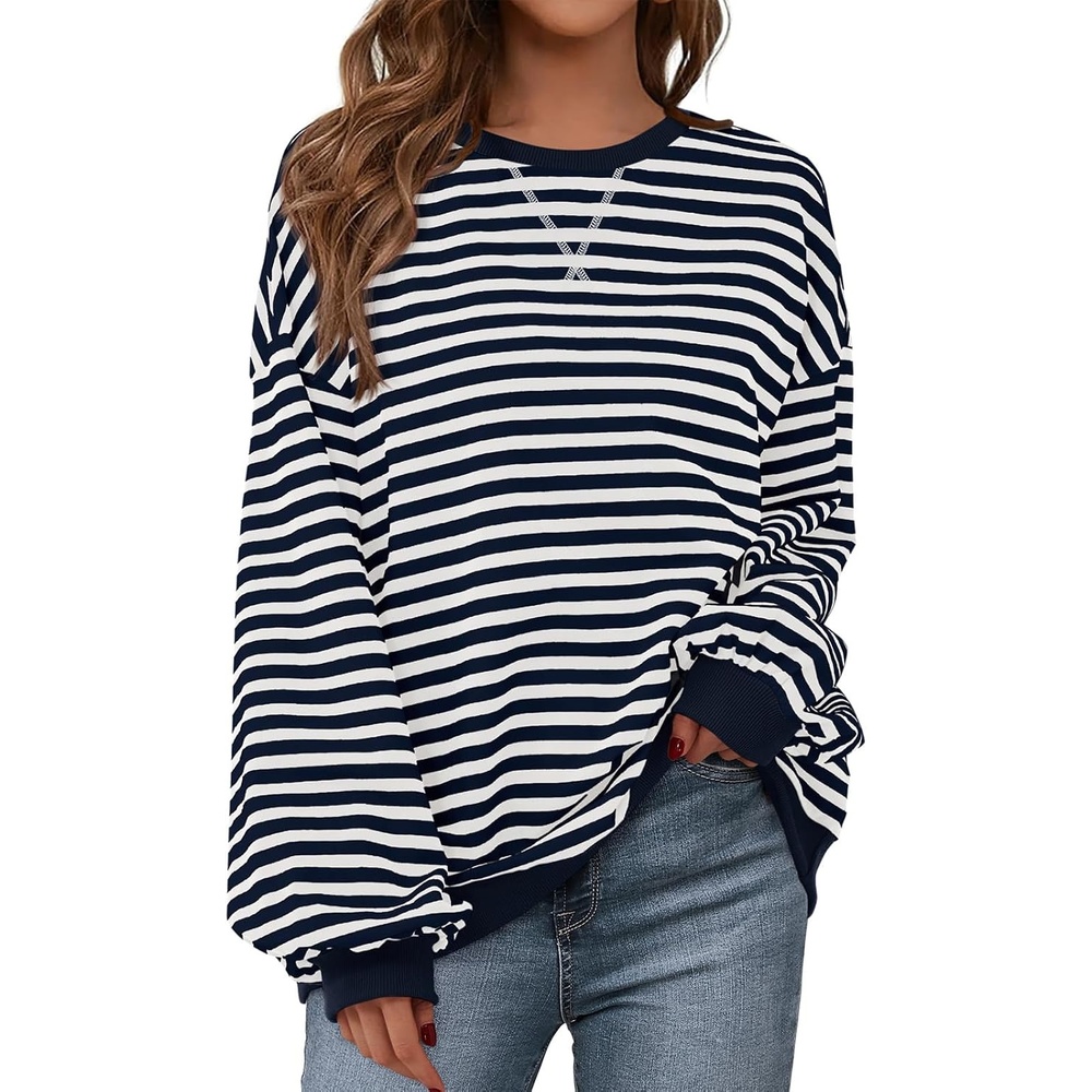 image:imagePRETTYGARDEN Womens Striped Oversized Sweatshirt Lightweight Fall Clothes  Stitching Crew Neck Sweatshirts Women Long Sleeve Casual Loose Pullover Top Color Block Y2K Outfits Fashion ClothingNavy