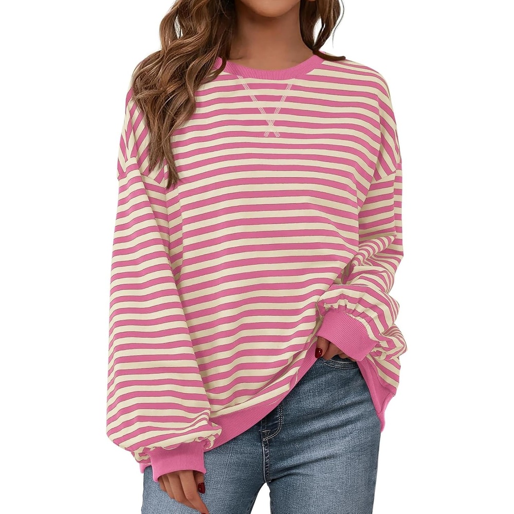 image:imagePRETTYGARDEN Womens Striped Oversized Sweatshirt Lightweight Fall Clothes  Stitching Crew Neck Sweatshirts Women Long Sleeve Casual Loose Pullover Top Color Block Y2K Outfits Fashion ClothingRose Pink White