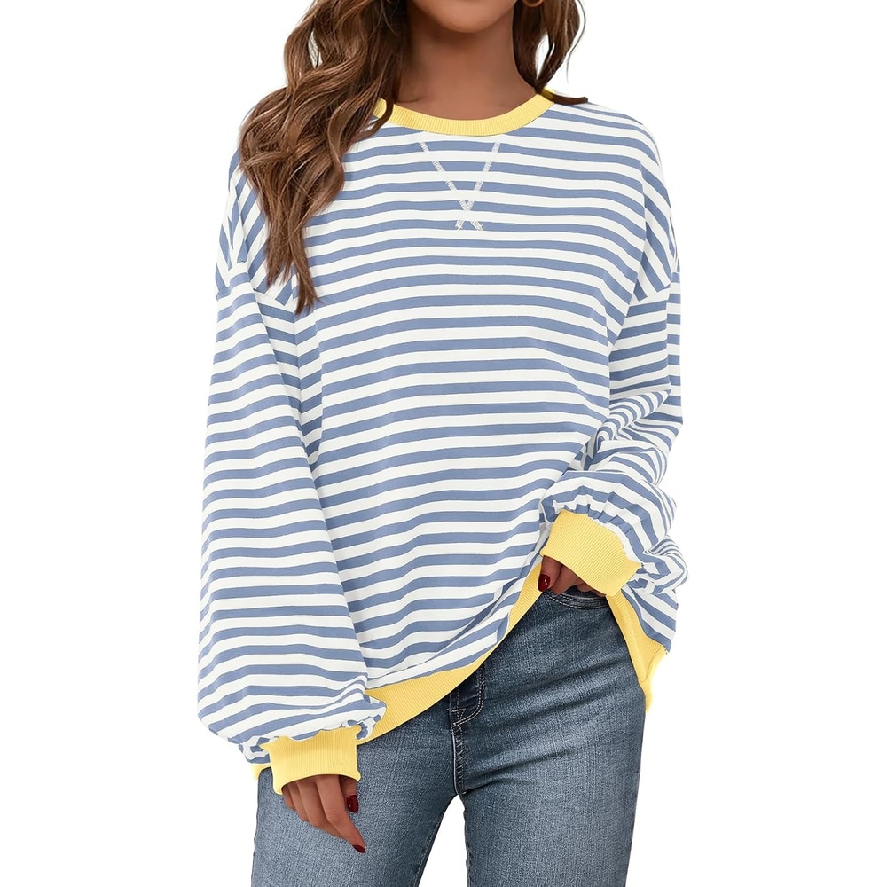 image:imagePRETTYGARDEN Womens Striped Oversized Sweatshirt Lightweight Fall Clothes  Stitching Crew Neck Sweatshirts Women Long Sleeve Casual Loose Pullover Top Color Block Y2K Outfits Fashion ClothingBlue Beige