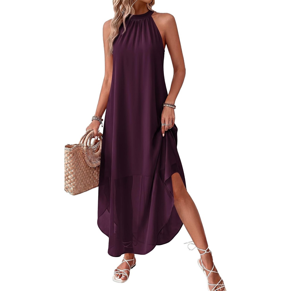 image:imagePRETTYGARDEN Womens Summer Wedding Guest Halter Maxi Dresses Long Flowy Asymmetrical Sundress Elegant Evening Dinner Party Dress Pockets Beach Vacation Outfits Spring Resort WearDark Purple